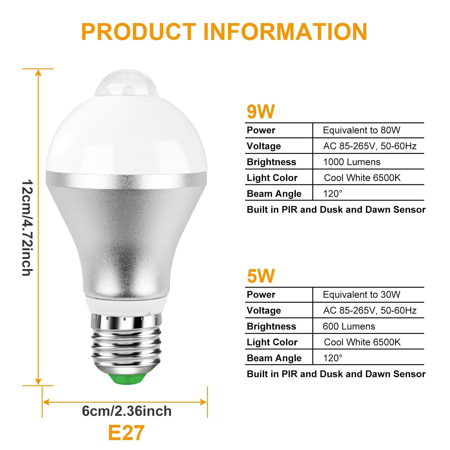 E27 9W Motion Sensor LED Bulb – Dusk-to-Dawn Auto